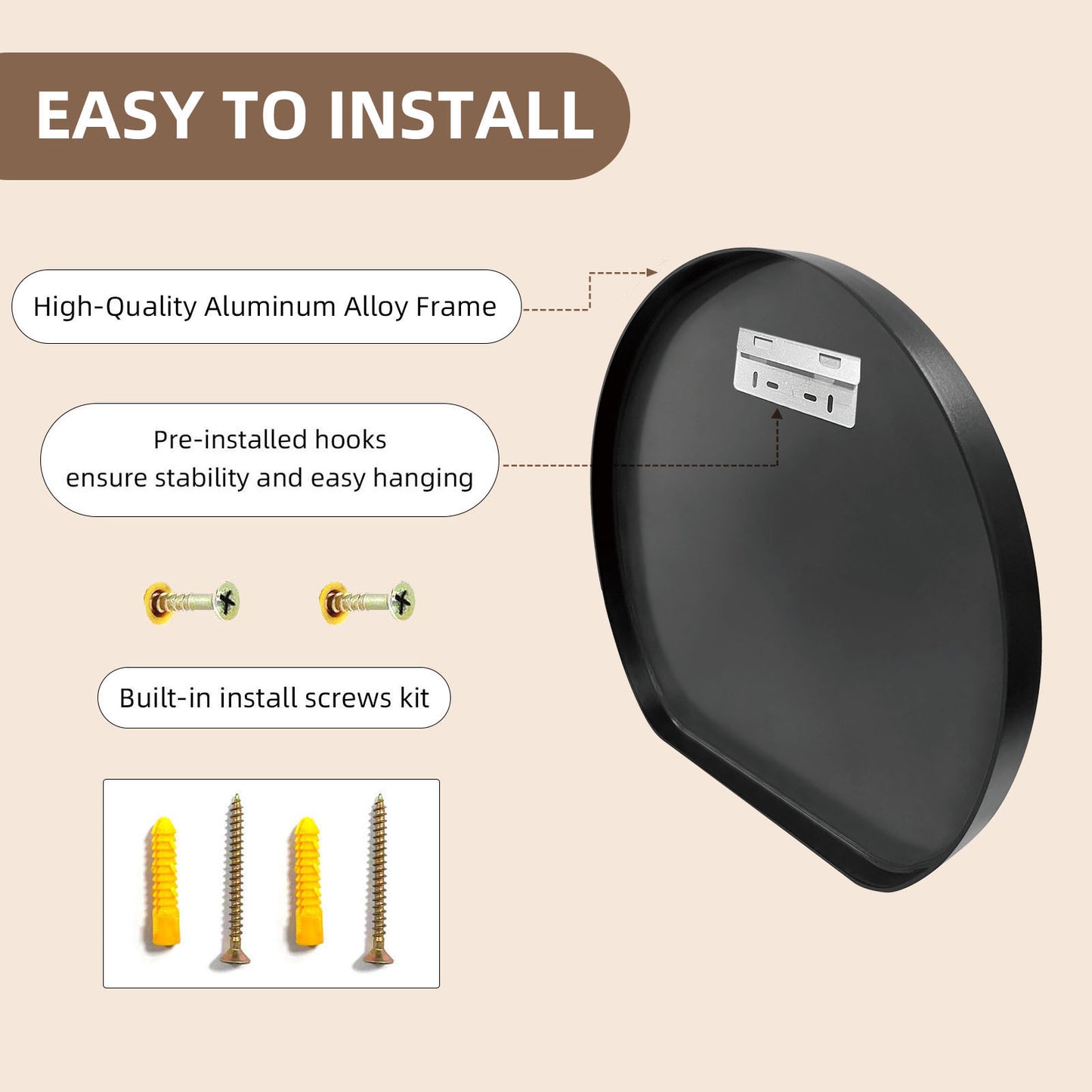 Easy to install half circle mirror with pre-installed hooks and screws kit