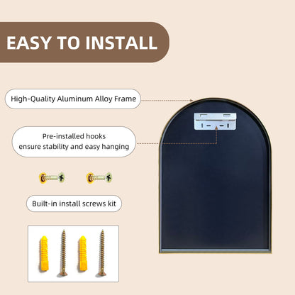 Easy to install arched wall mirror with pre-installed hooks and screws kit