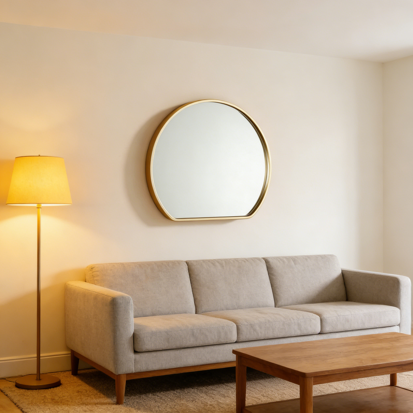 Round wall mirror in gold finish for living room decor