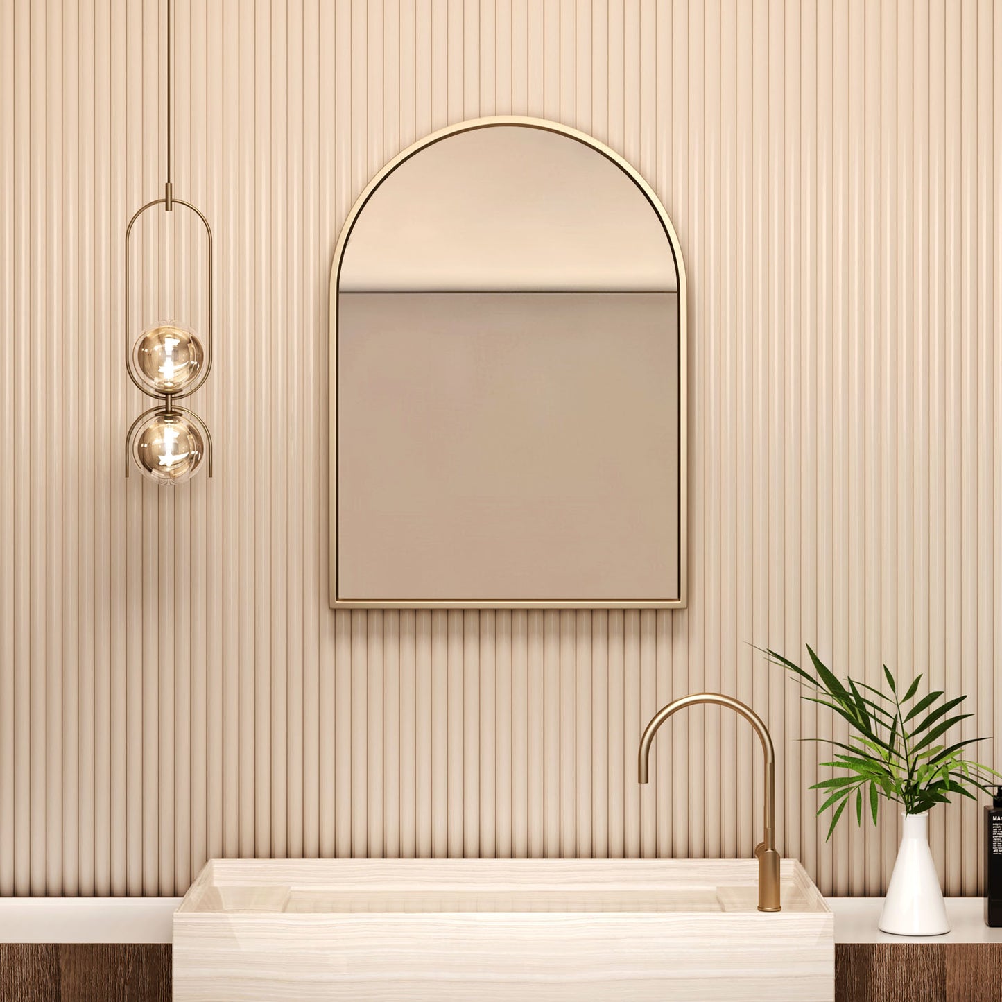Arched wall mirror in gold finish for bathroom vanity decor