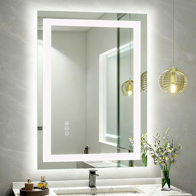 Modern LED lighted bathroom mirror in luxury hotel-style bathroom