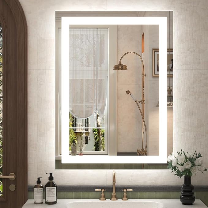 Modern LED lighted bathroom mirror in luxury hotel-style bathroom