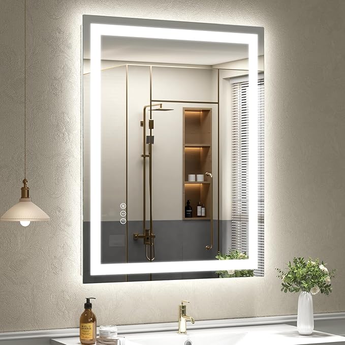 Modern LED lighted bathroom mirror in luxury hotel-style bathroom