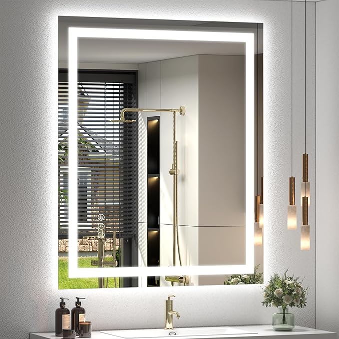 Modern LED lighted bathroom mirror in luxury hotel-style bathroom