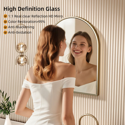 High-definition glass arched wall mirror with gold frame for bathroom