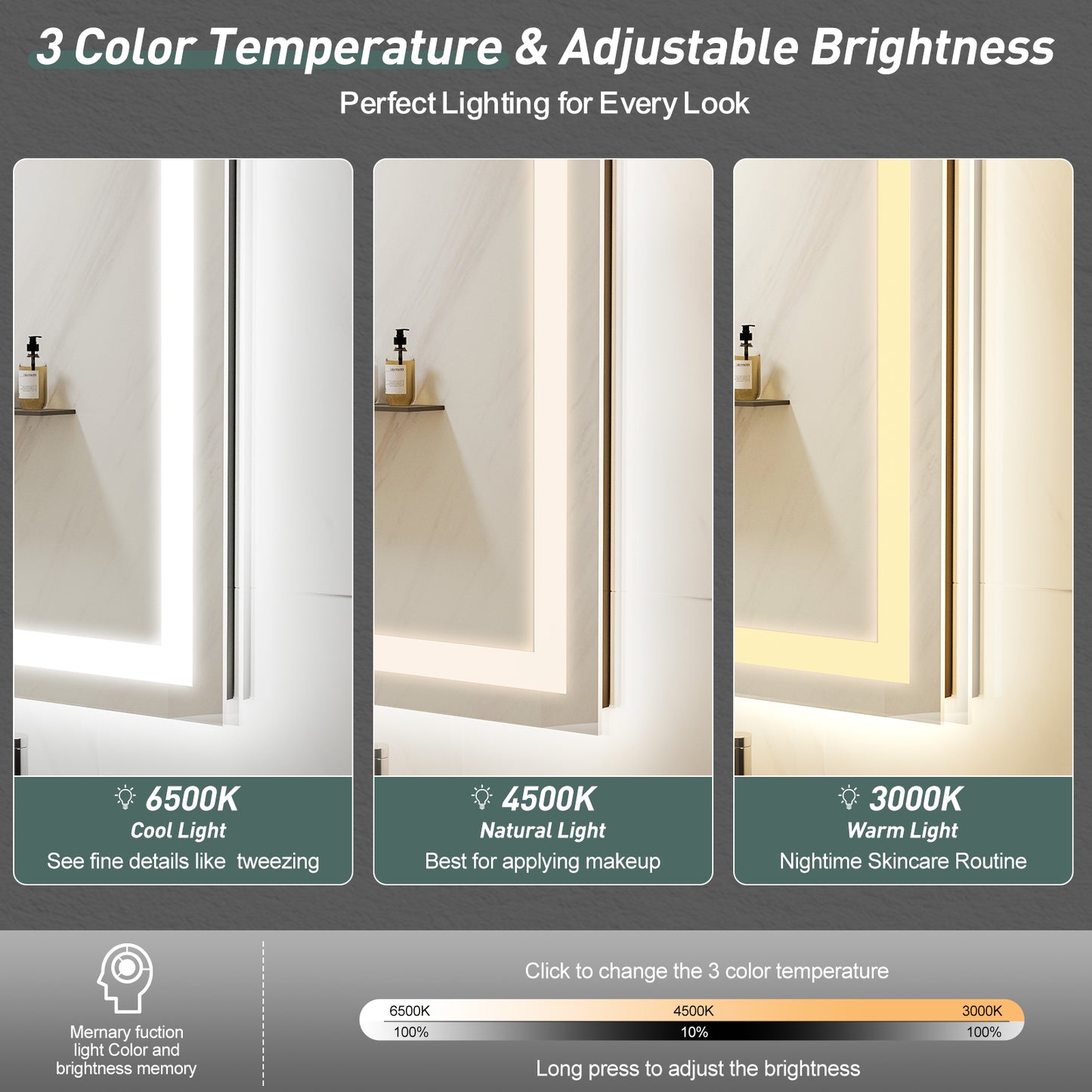 Smart square mirror with 3-color temperature and stepless dimming