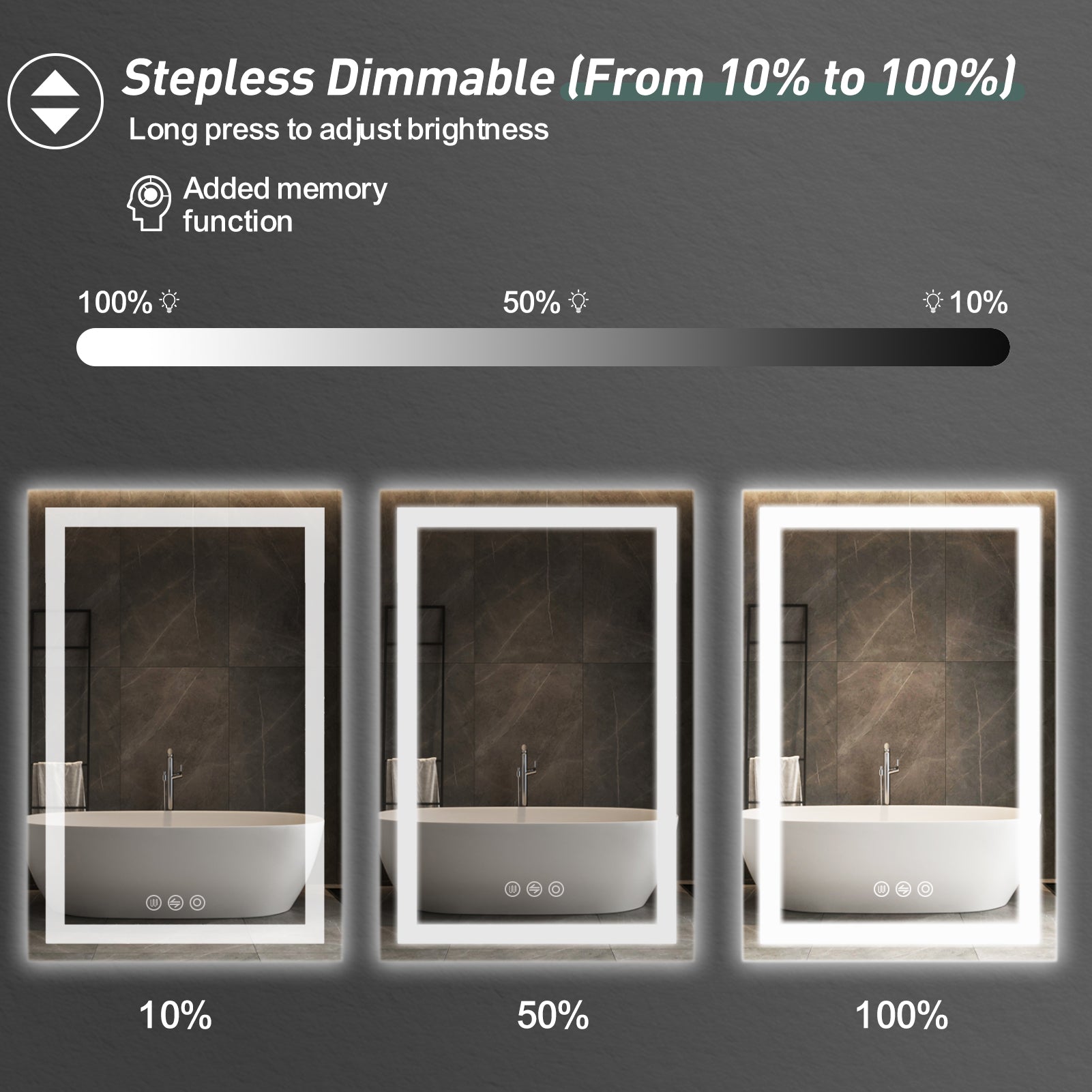 Stepless dimmable square wall mirror with memory function for bathroom