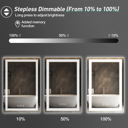 Stepless dimmable square wall mirror with memory function for bathroom