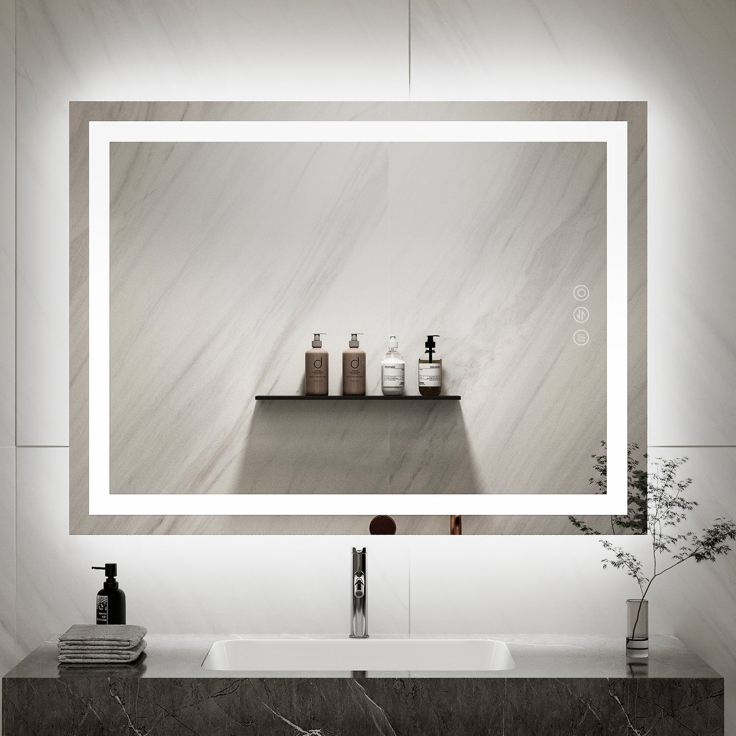 Square wall mirror with LED lighting for modern bathroom decor
