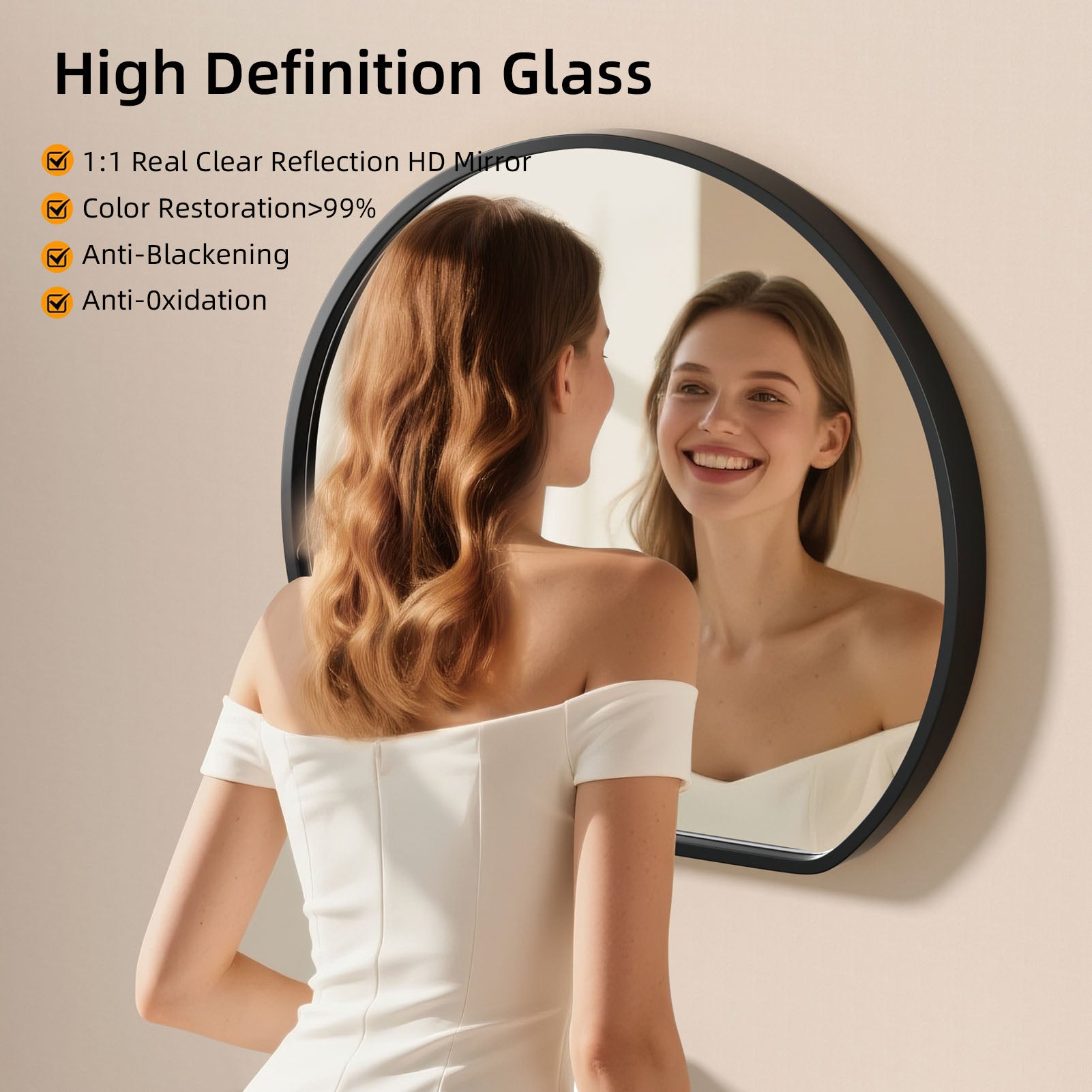 High-definition glass half circle mirror with black frame for bathroom