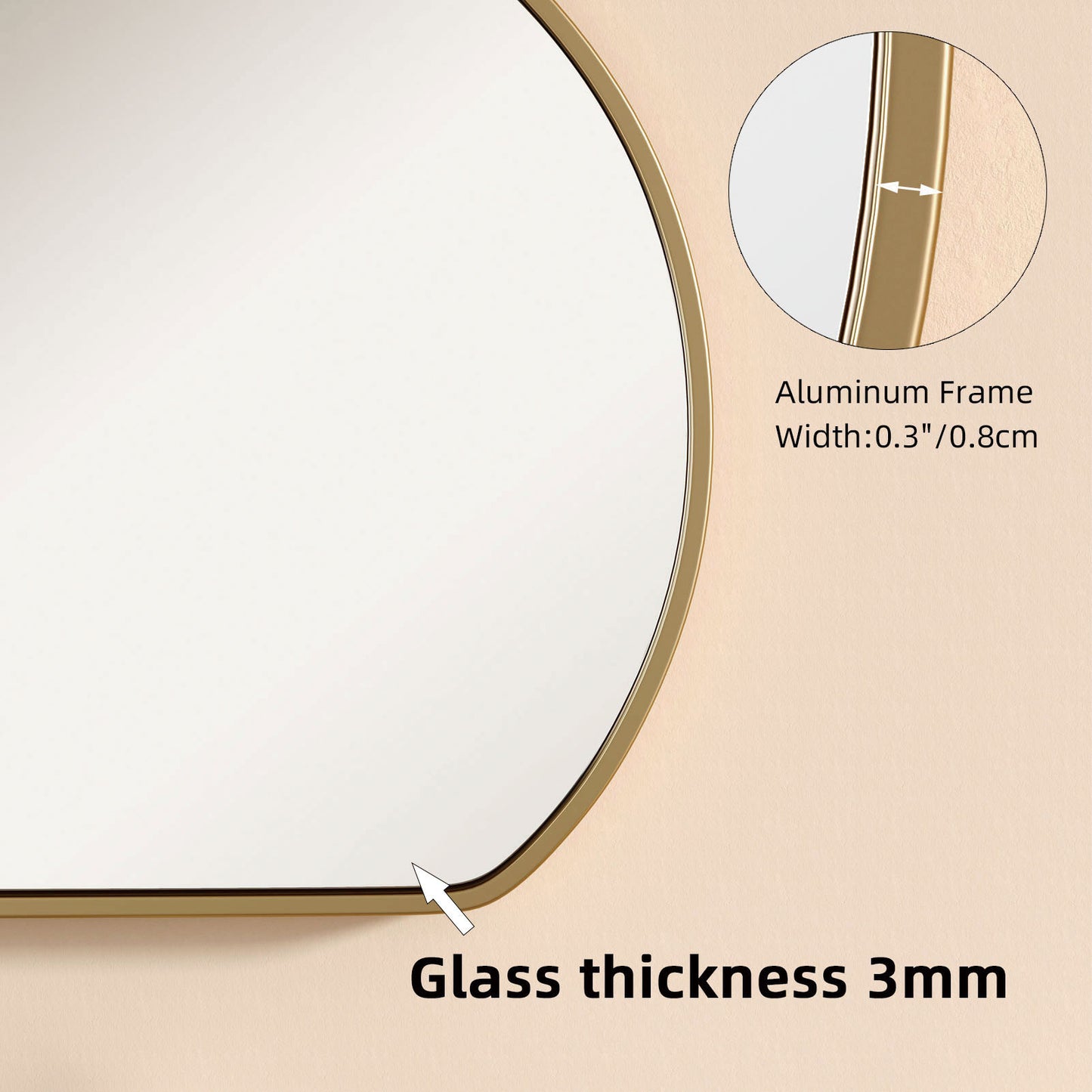 3mm thick glass and aluminum frame of  half circle mirror